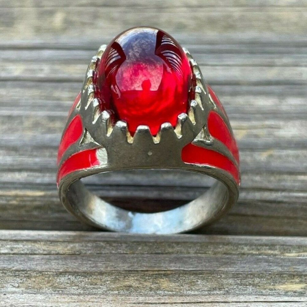Men Rings Fashion Jewelry Faux Red Stone Silver Tone Unisex Rings Size 10.5